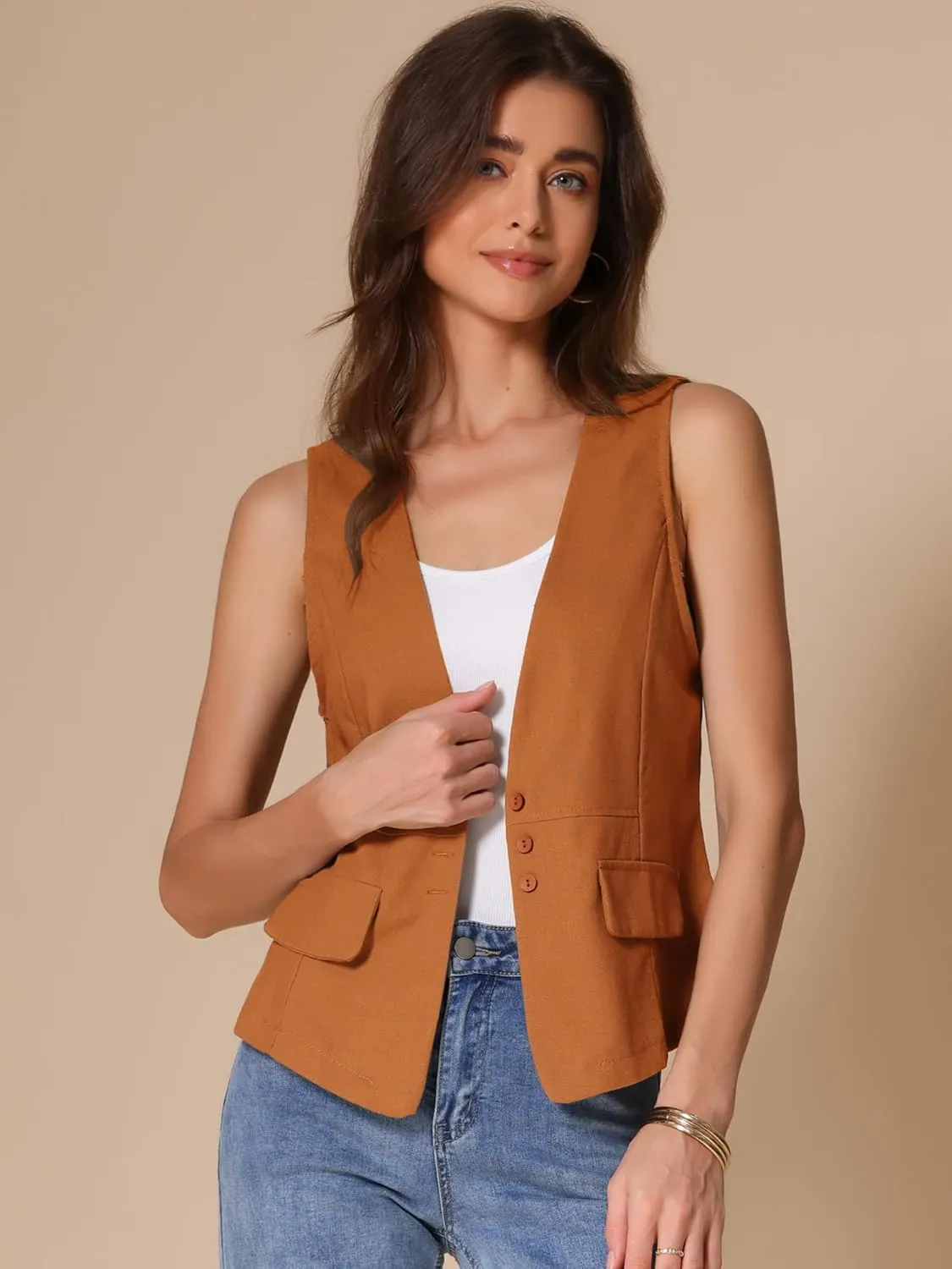 Allegra K Women's Casual Linen Vest Loose Sleeveless Blazer Lightweight Jacket Waistcoat