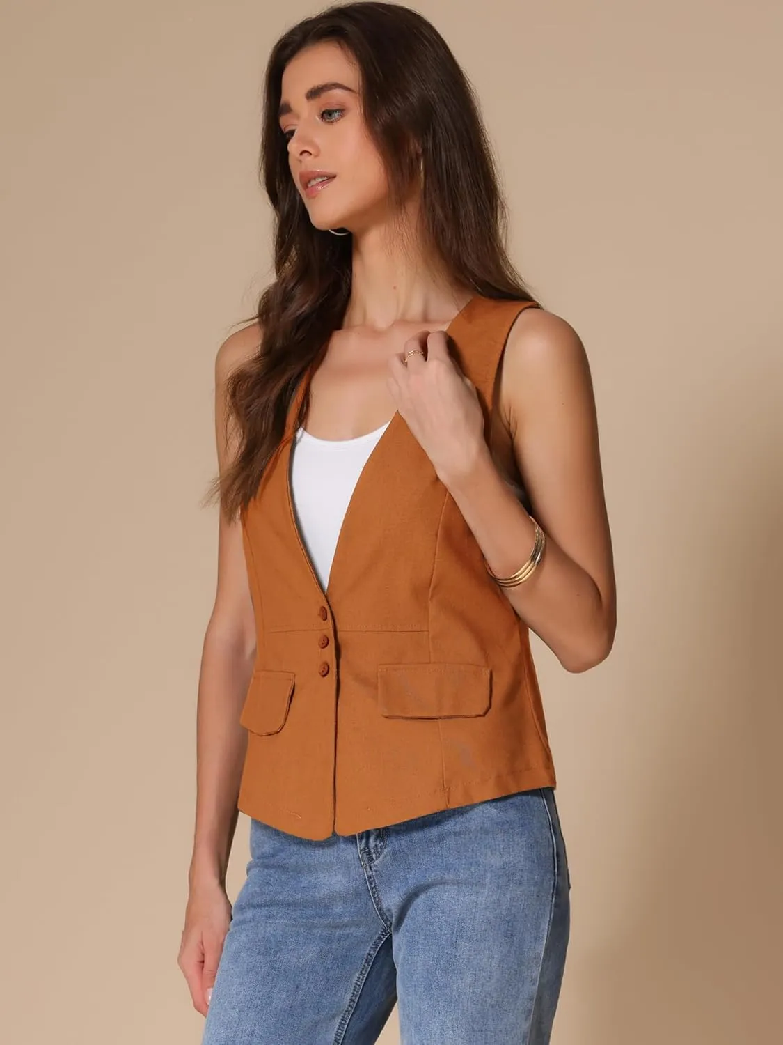 Allegra K Women's Casual Linen Vest Loose Sleeveless Blazer Lightweight Jacket Waistcoat