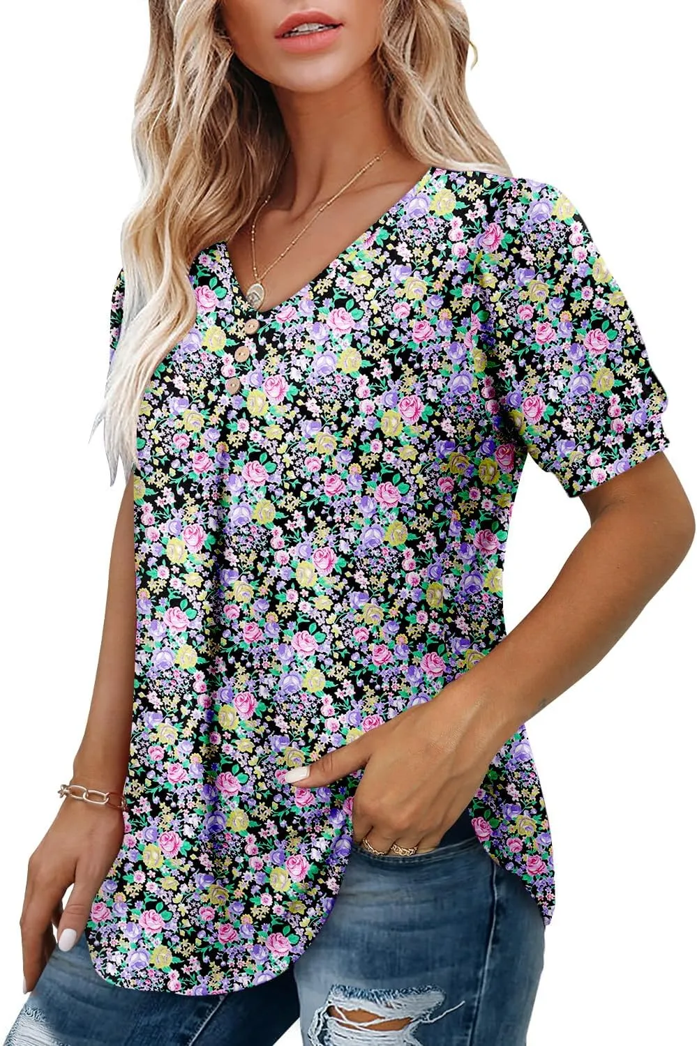 Angerella Women Tunic Tops Dressy Casual Summer Short Sleeve V Neck Shirts Floral Loose Fit Pleated Boho Top S-3XL