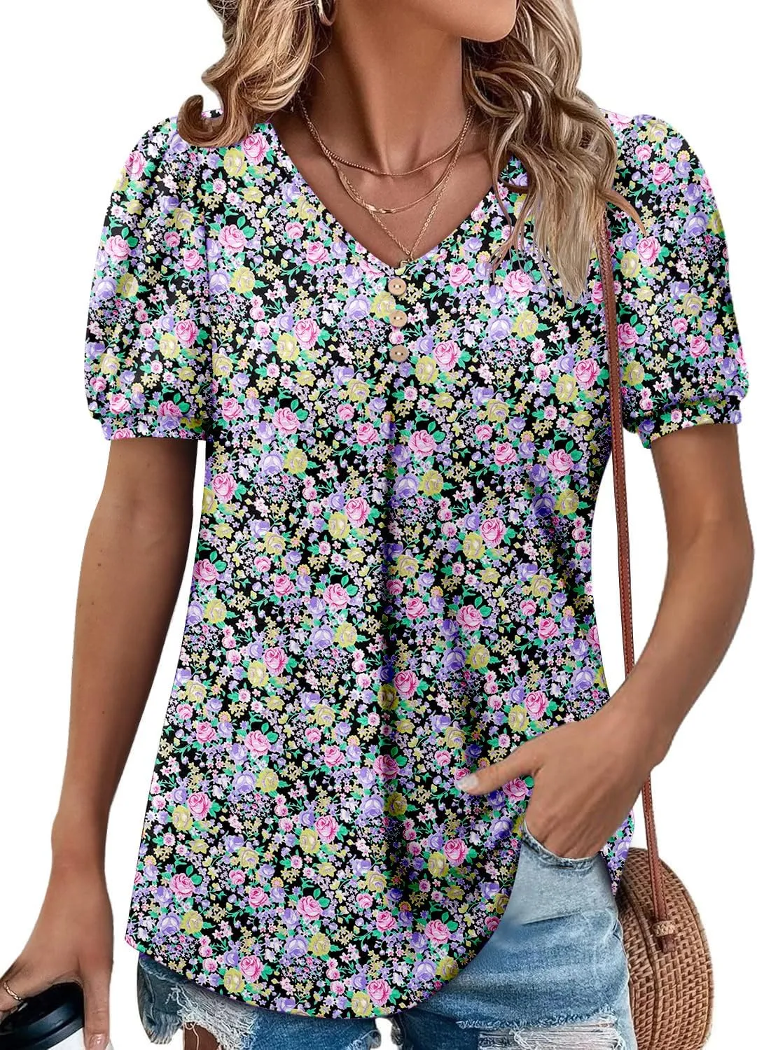 Angerella Women Tunic Tops Dressy Casual Summer Short Sleeve V Neck Shirts Floral Loose Fit Pleated Boho Top S-3XL