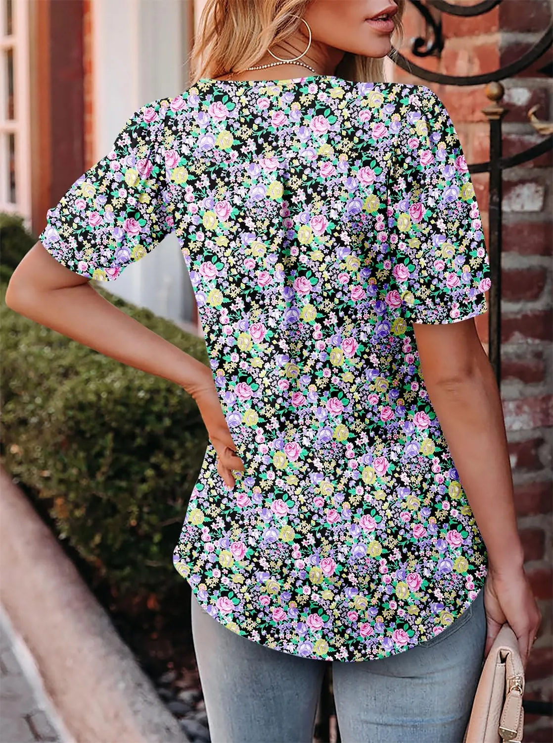 Angerella Women Tunic Tops Dressy Casual Summer Short Sleeve V Neck Shirts Floral Loose Fit Pleated Boho Top S-3XL