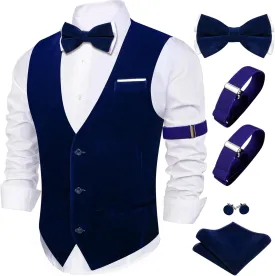 Barry.Wang Men's Velvet Vests Formal Waistcoat Bowtie Set Hanky Cufflink Armband Wedding Party Tuxedo Vest 6PCS