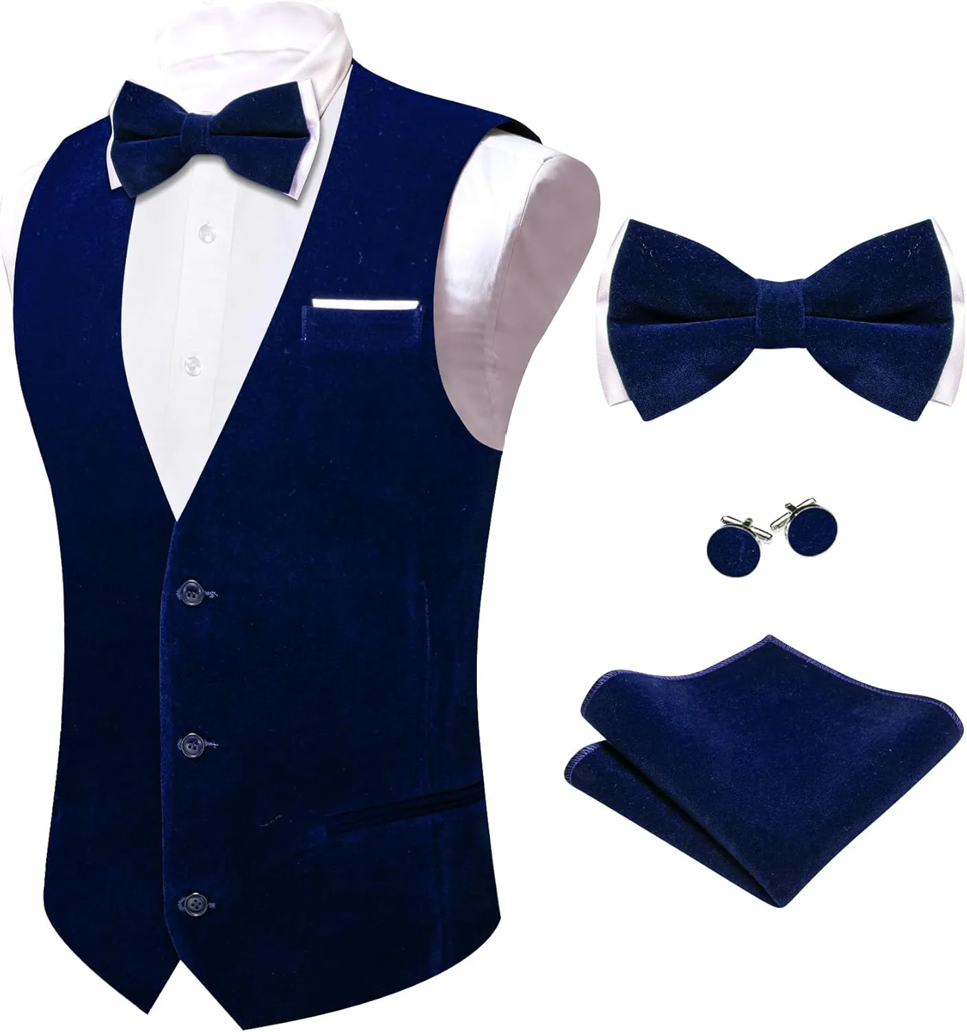 Barry.Wang Men's Velvet Vests Formal Waistcoat Bowtie Set Hanky Cufflink Armband Wedding Party Tuxedo Vest 6PCS
