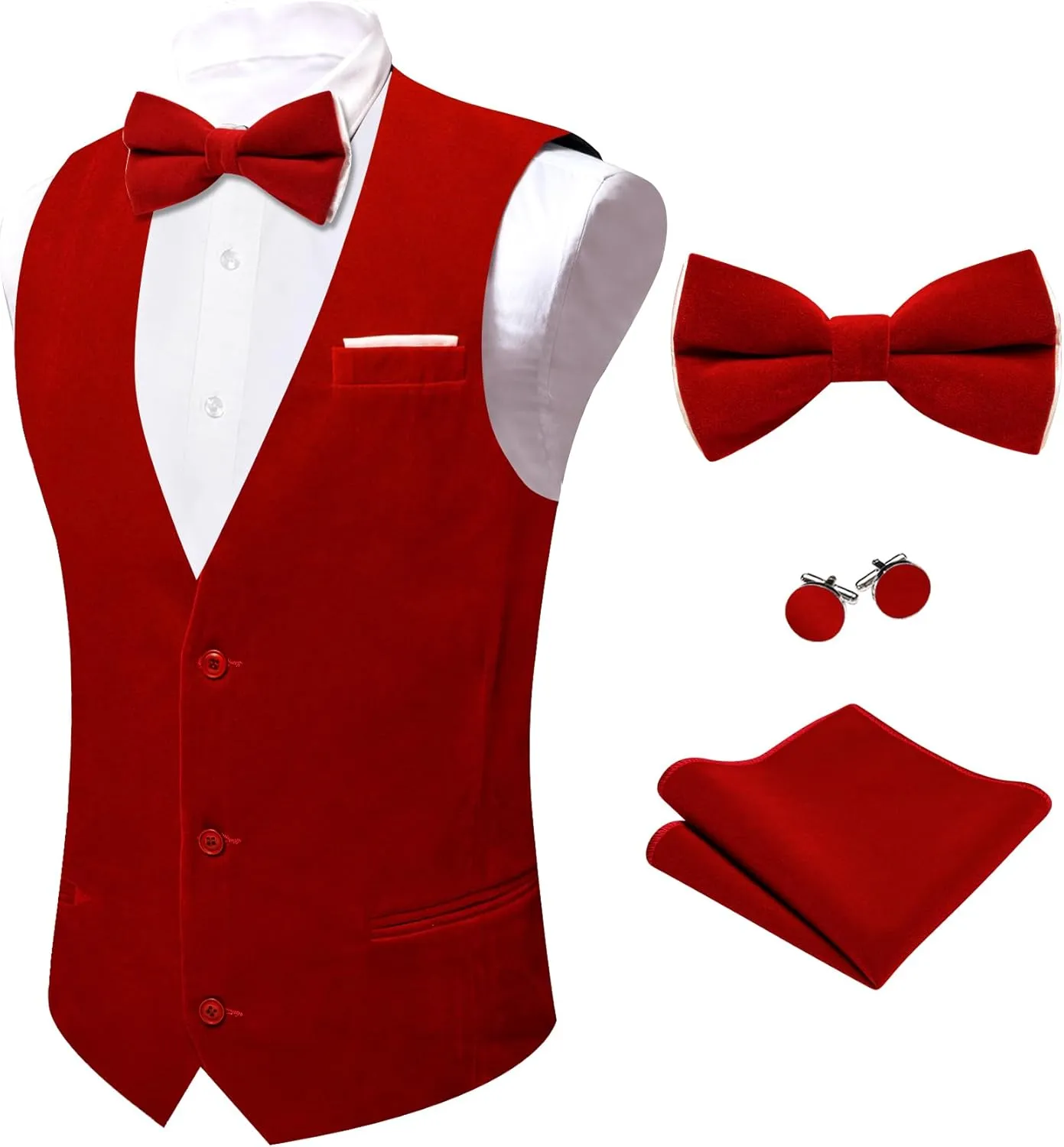 Barry.Wang Men's Velvet Vests Formal Waistcoat Bowtie Set Hanky Cufflink Armband Wedding Party Tuxedo Vest 6PCS