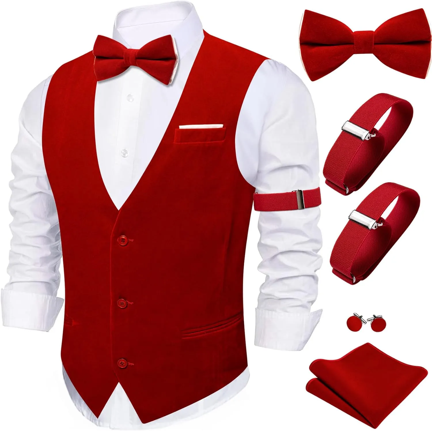 Barry.Wang Men's Velvet Vests Formal Waistcoat Bowtie Set Hanky Cufflink Armband Wedding Party Tuxedo Vest 6PCS