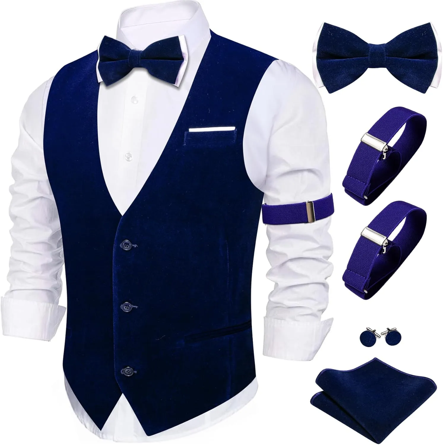 Barry.Wang Men's Velvet Vests Formal Waistcoat Bowtie Set Hanky Cufflink Armband Wedding Party Tuxedo Vest 6PCS