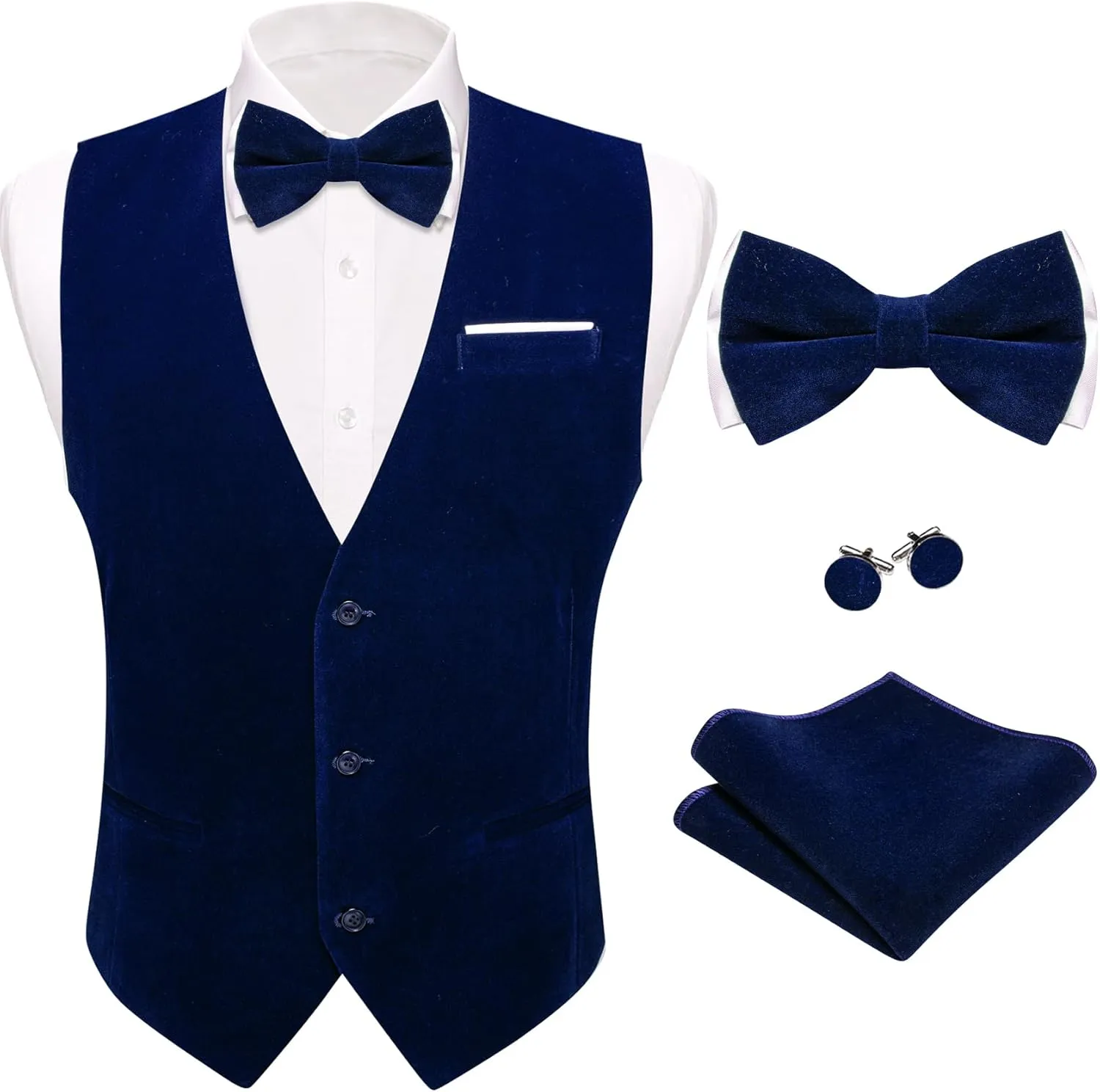 Barry.Wang Men's Velvet Vests Formal Waistcoat Bowtie Set Hanky Cufflink Armband Wedding Party Tuxedo Vest 6PCS