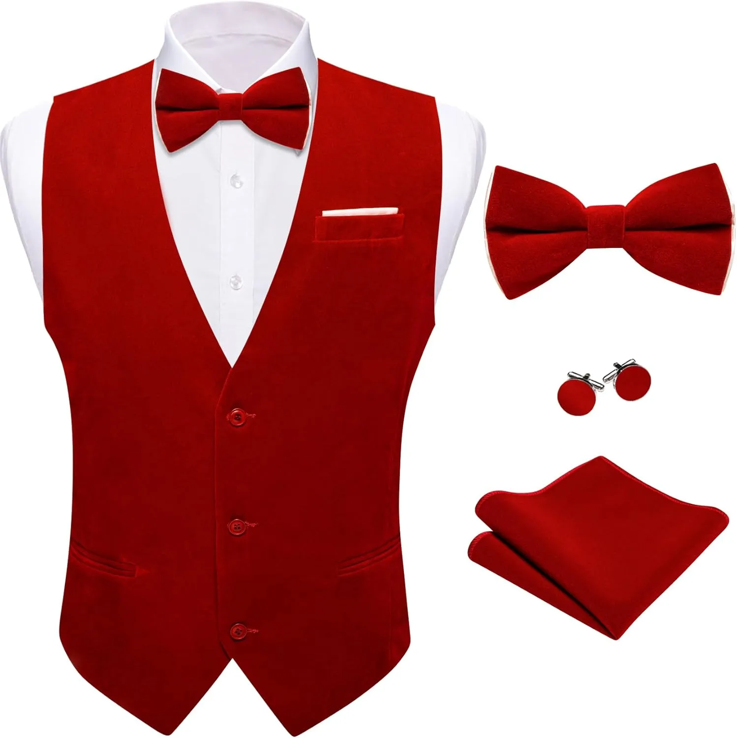 Barry.Wang Men's Velvet Vests Formal Waistcoat Bowtie Set Hanky Cufflink Armband Wedding Party Tuxedo Vest 6PCS