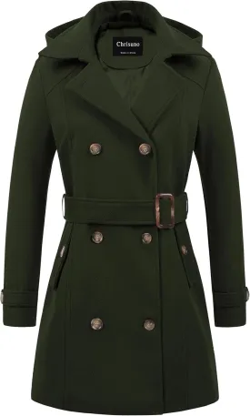Chrisuno Women's Double Breasted Pea Coat Hooded Long Winter Trench Coat