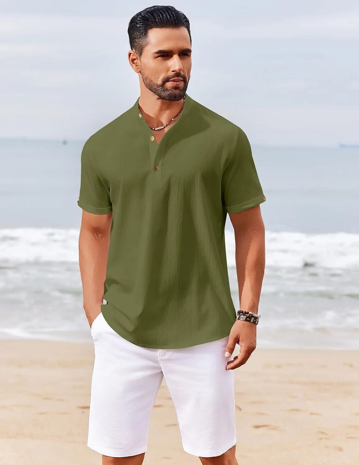 COOFANDY Men's Casual Henley Shirts Short Sleeve Summer Beach T-Shirts Banded Collar Henleys Button Tee Shirt
