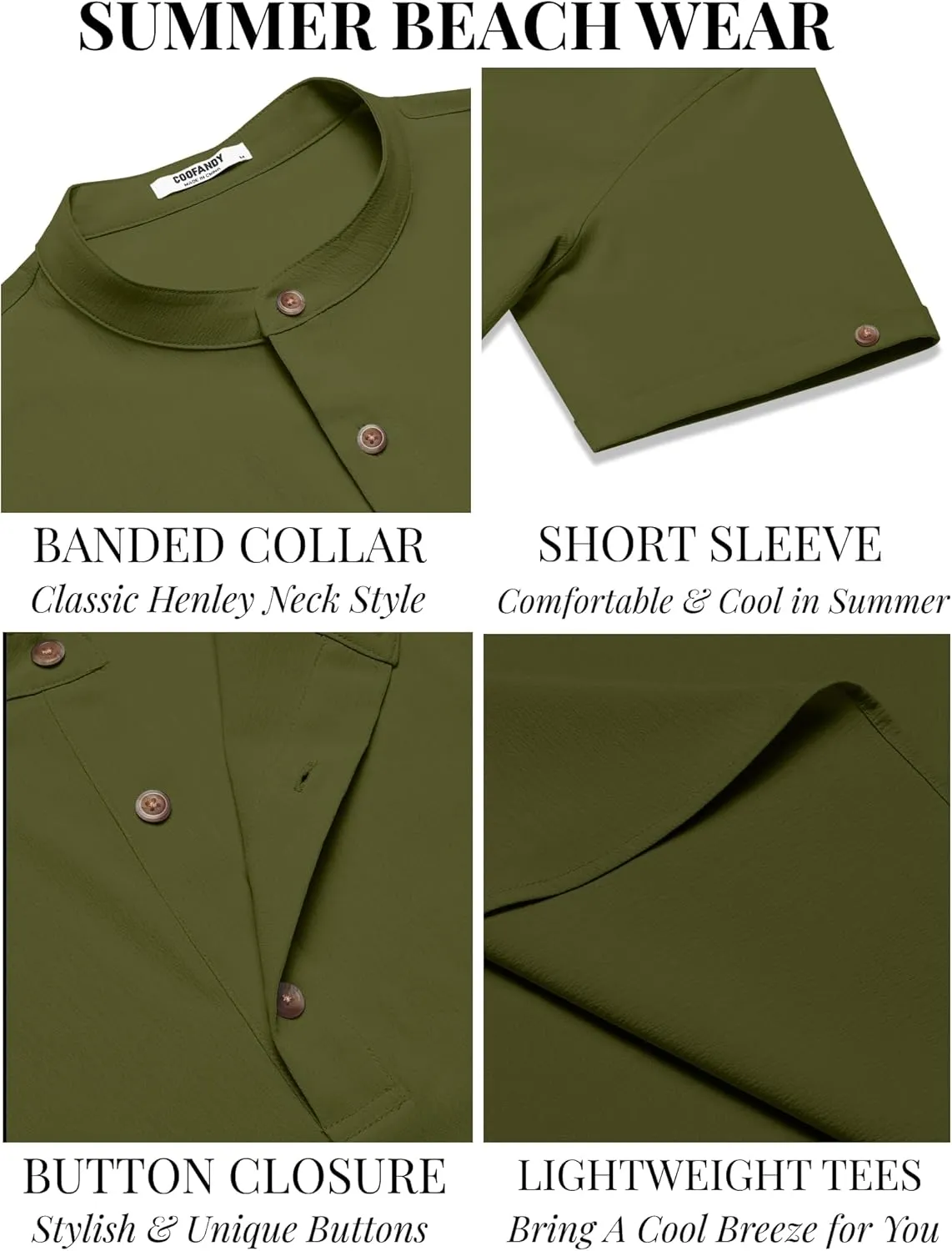 COOFANDY Men's Casual Henley Shirts Short Sleeve Summer Beach T-Shirts Banded Collar Henleys Button Tee Shirt