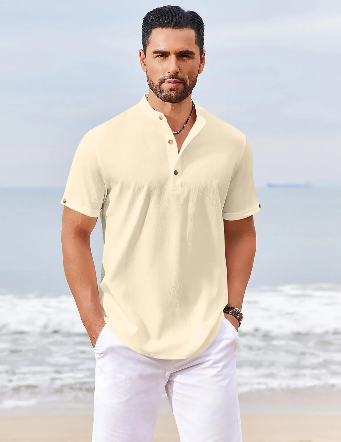 COOFANDY Men's Casual Henley Shirts Short Sleeve Summer Beach T-Shirts Banded Collar Henleys Button Tee Shirt