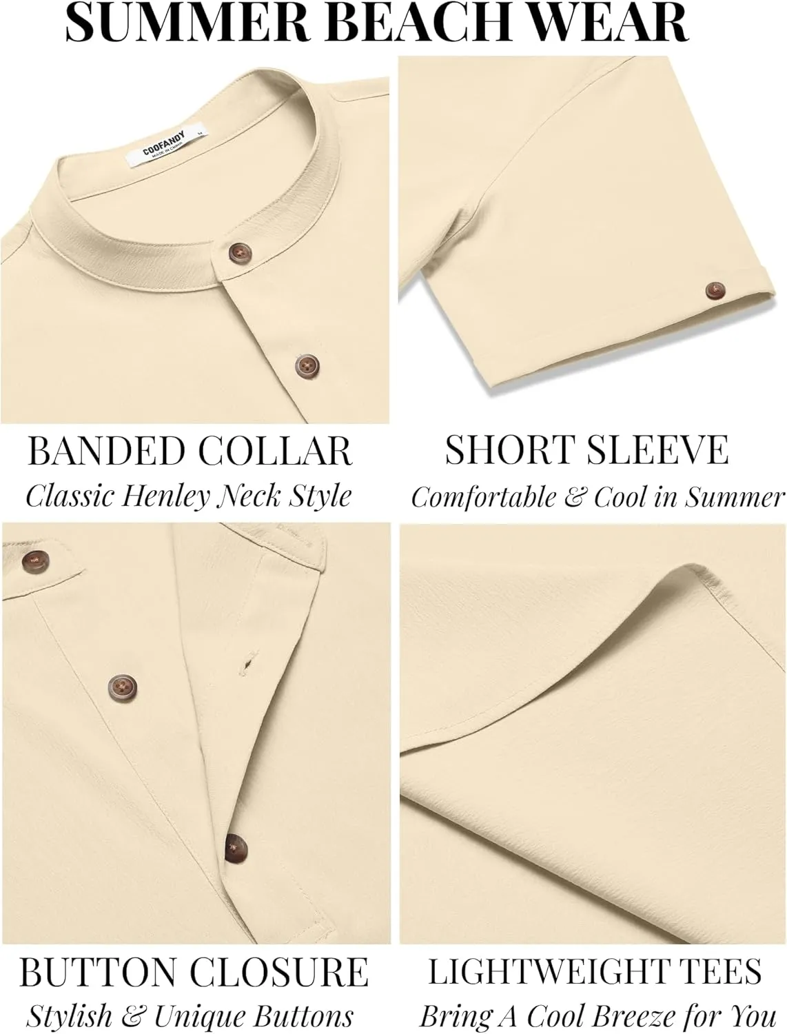 COOFANDY Men's Casual Henley Shirts Short Sleeve Summer Beach T-Shirts Banded Collar Henleys Button Tee Shirt