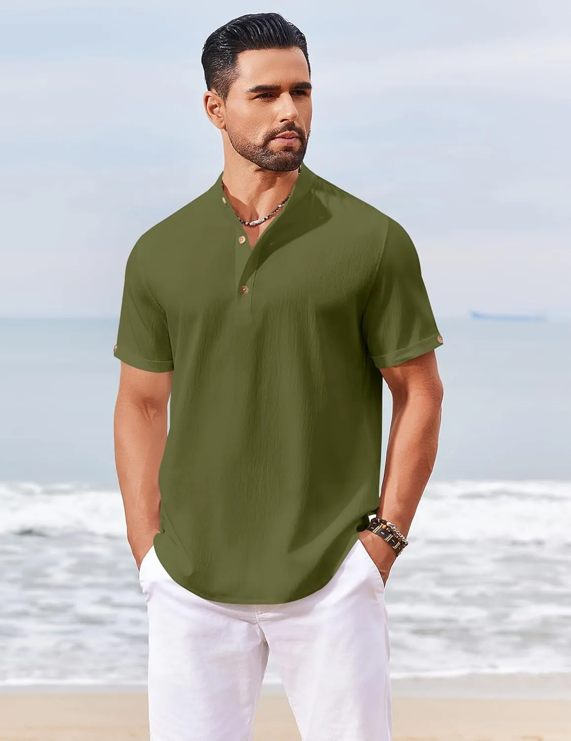 COOFANDY Men's Casual Henley Shirts Short Sleeve Summer Beach T-Shirts Banded Collar Henleys Button Tee Shirt