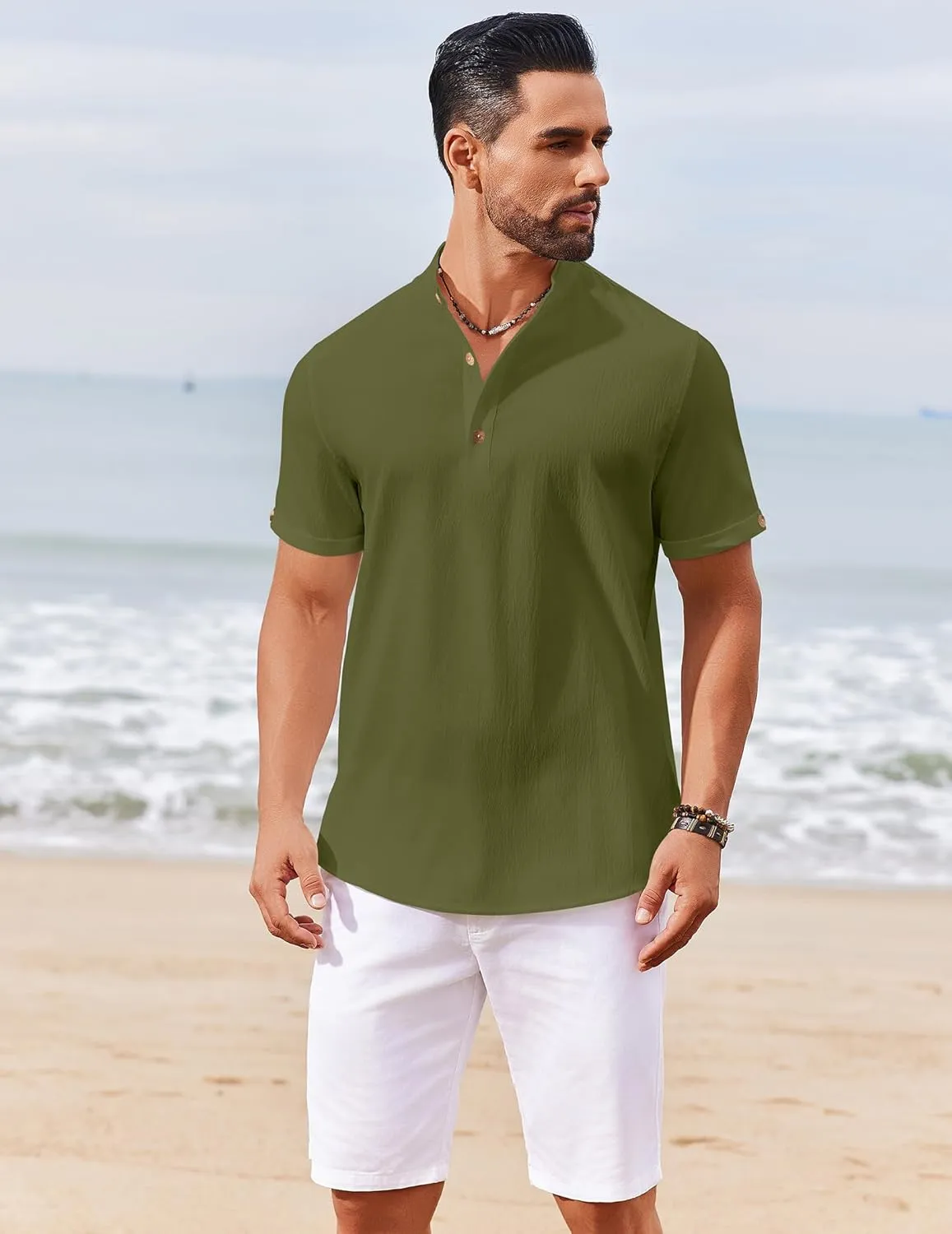 COOFANDY Men's Casual Henley Shirts Short Sleeve Summer Beach T-Shirts Banded Collar Henleys Button Tee Shirt