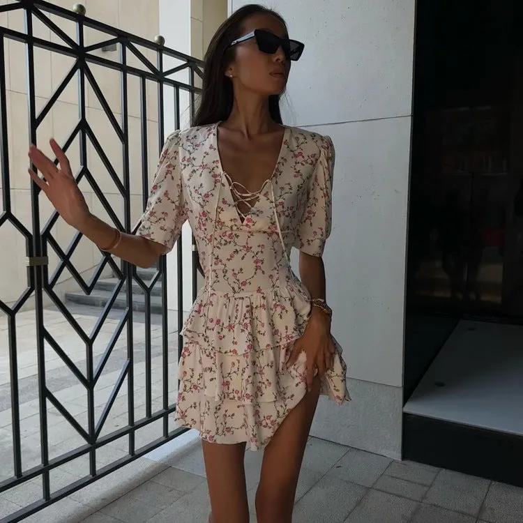 DEANWAQNGKT  V-neck Lace-up Ruffled Floral Dress Short Sleeve Sexy A- line Skirt  New  European and American Women's Clothing