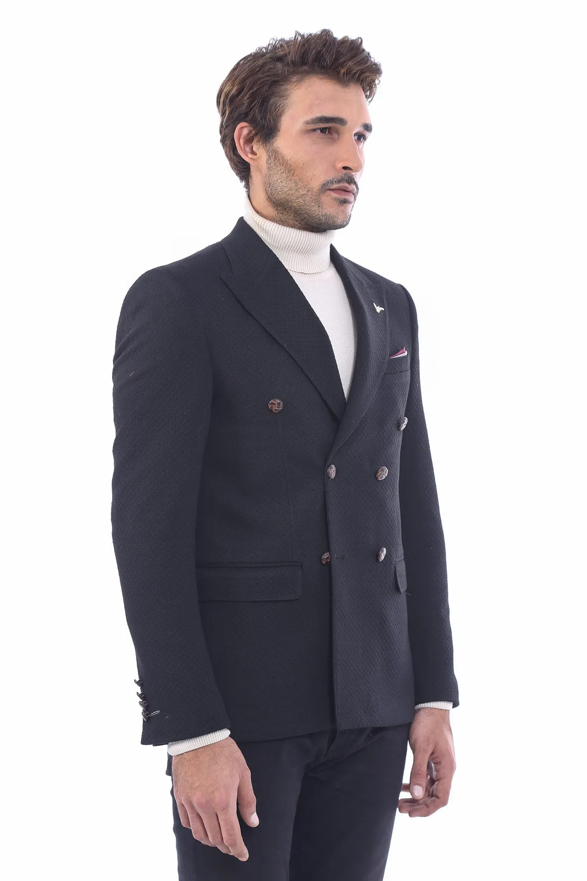 Double Breasted Slim Fit Black Blazer - Wessi