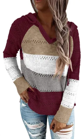 FEKOAFE Women's 2025 Fall Striped Color Block Hoodies Fashion V Neck Knit Sweater Pullovers