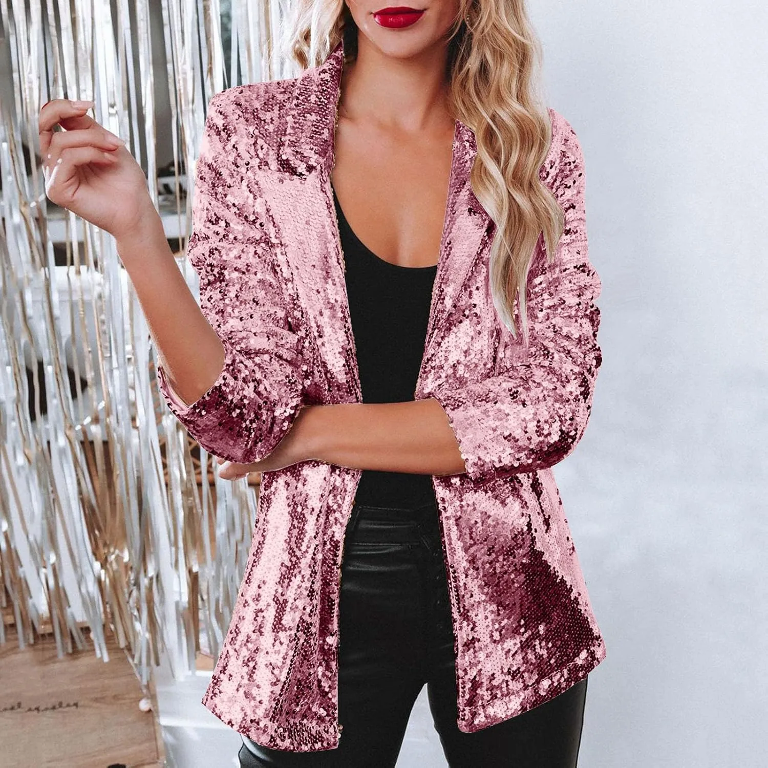 Firzero Womens Blazer Jacket Lapel Sequin Jackets Long Sleeve Open Front Blazer Shiny Jacket Sparkly Glitter Party Cardigan