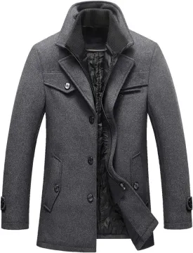 FTCayanz Men's Wool Coat Winter Slim Fit Pea Coats Single Breasted Quilted Lined Trench Jacket