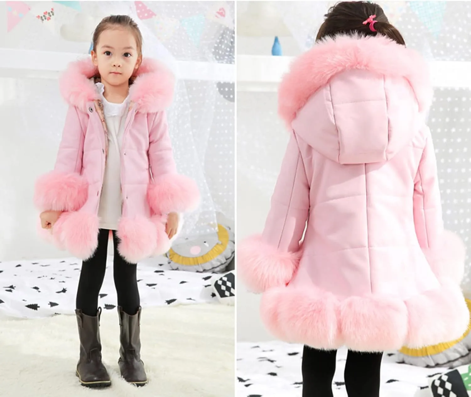 Girls Faux Fur Jacket Kids Leather Jacket with Fur Trim Toddler Long Winter Coat Hooded Dress Coat Thicken Overcoat