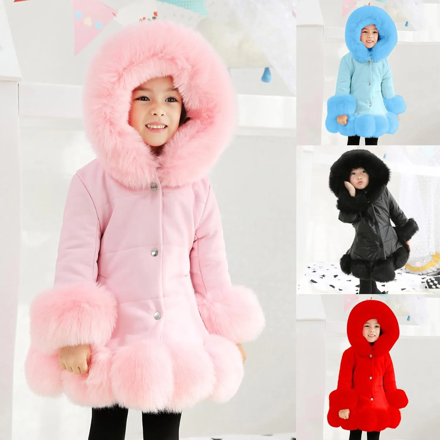 Girls Faux Fur Jacket Kids Leather Jacket with Fur Trim Toddler Long Winter Coat Hooded Dress Coat Thicken Overcoat