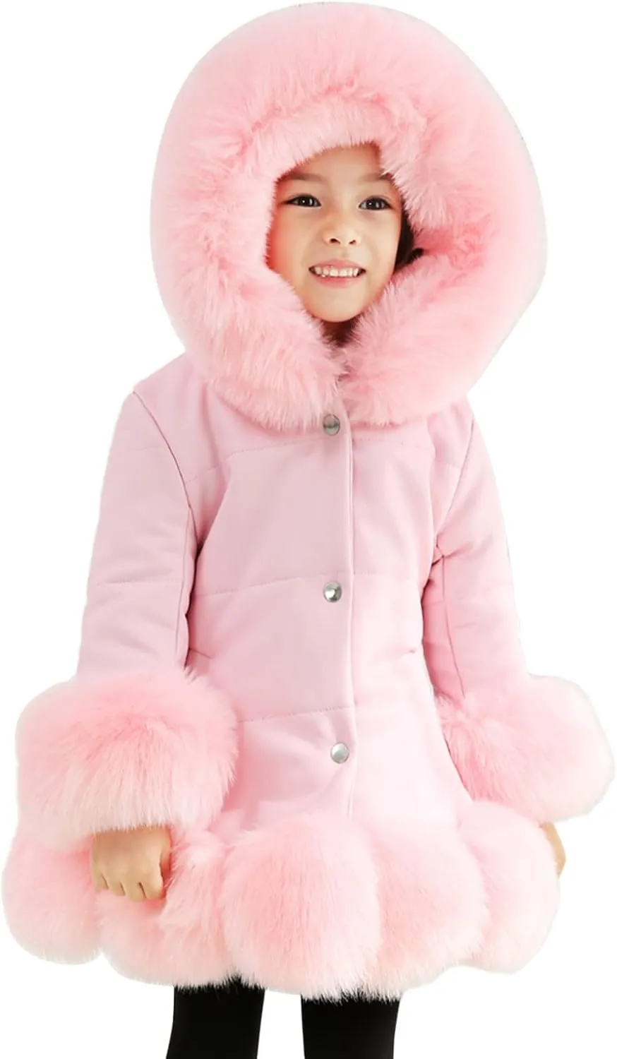 Girls Faux Fur Jacket Kids Leather Jacket with Fur Trim Toddler Long Winter Coat Hooded Dress Coat Thicken Overcoat
