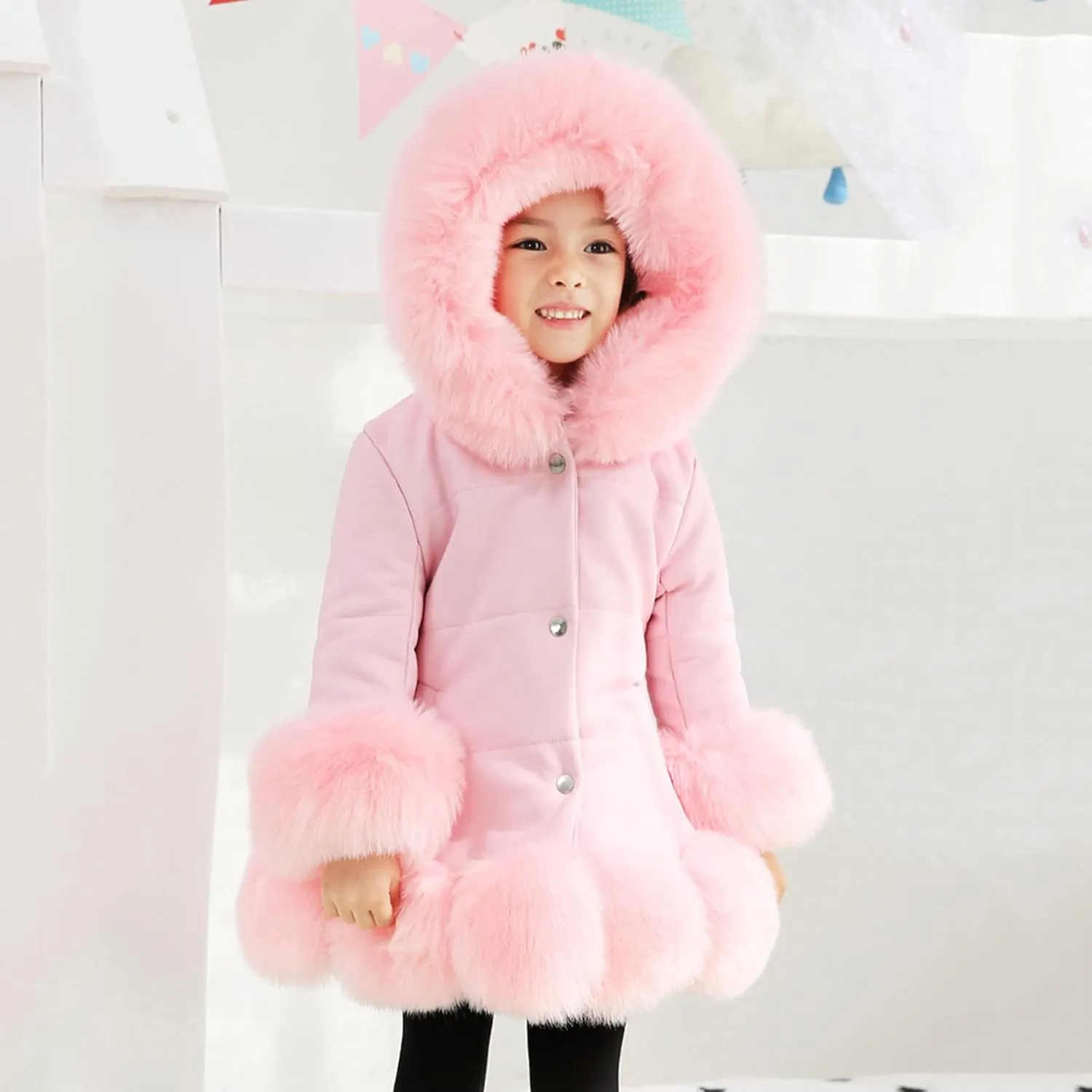 Girls Faux Fur Jacket Kids Leather Jacket with Fur Trim Toddler Long Winter Coat Hooded Dress Coat Thicken Overcoat