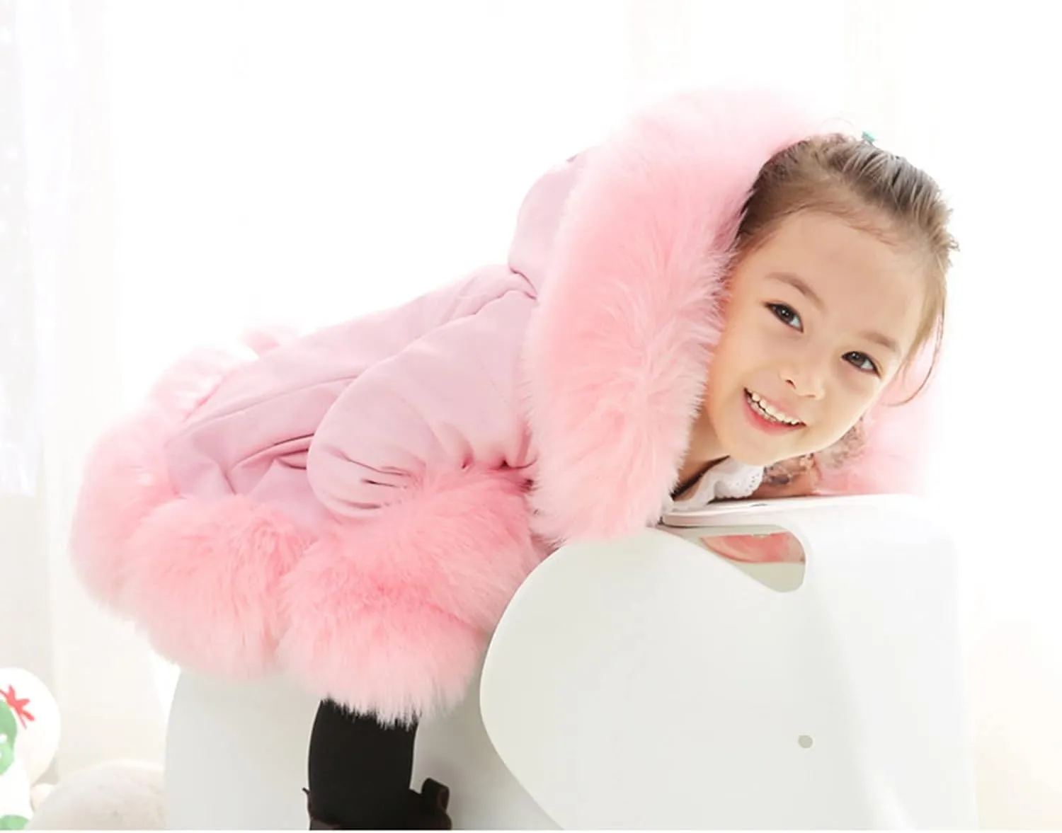 Girls Faux Fur Jacket Kids Leather Jacket with Fur Trim Toddler Long Winter Coat Hooded Dress Coat Thicken Overcoat