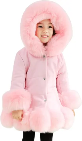Girls Faux Fur Jacket Kids Leather Jacket with Fur Trim Toddler Long Winter Coat Hooded Dress Coat Thicken Overcoat