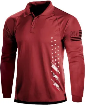 H HYFOL Long Sleeve Polo Shirts for Men Graphic Stretch Casual American Patriotic Raglan Golf Polos for Men