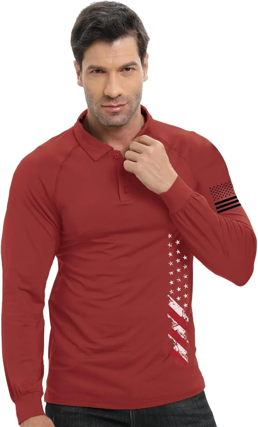 H HYFOL Long Sleeve Polo Shirts for Men Graphic Stretch Casual American Patriotic Raglan Golf Polos for Men