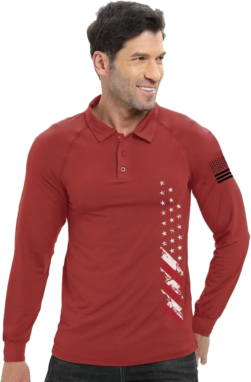 H HYFOL Long Sleeve Polo Shirts for Men Graphic Stretch Casual American Patriotic Raglan Golf Polos for Men