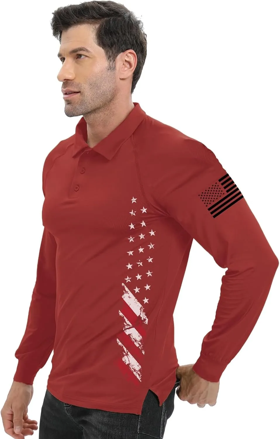 H HYFOL Long Sleeve Polo Shirts for Men Graphic Stretch Casual American Patriotic Raglan Golf Polos for Men