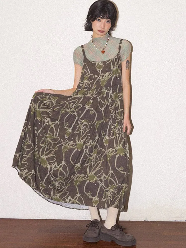 Ink print halter A-line dress loose skirt【s0000008825】