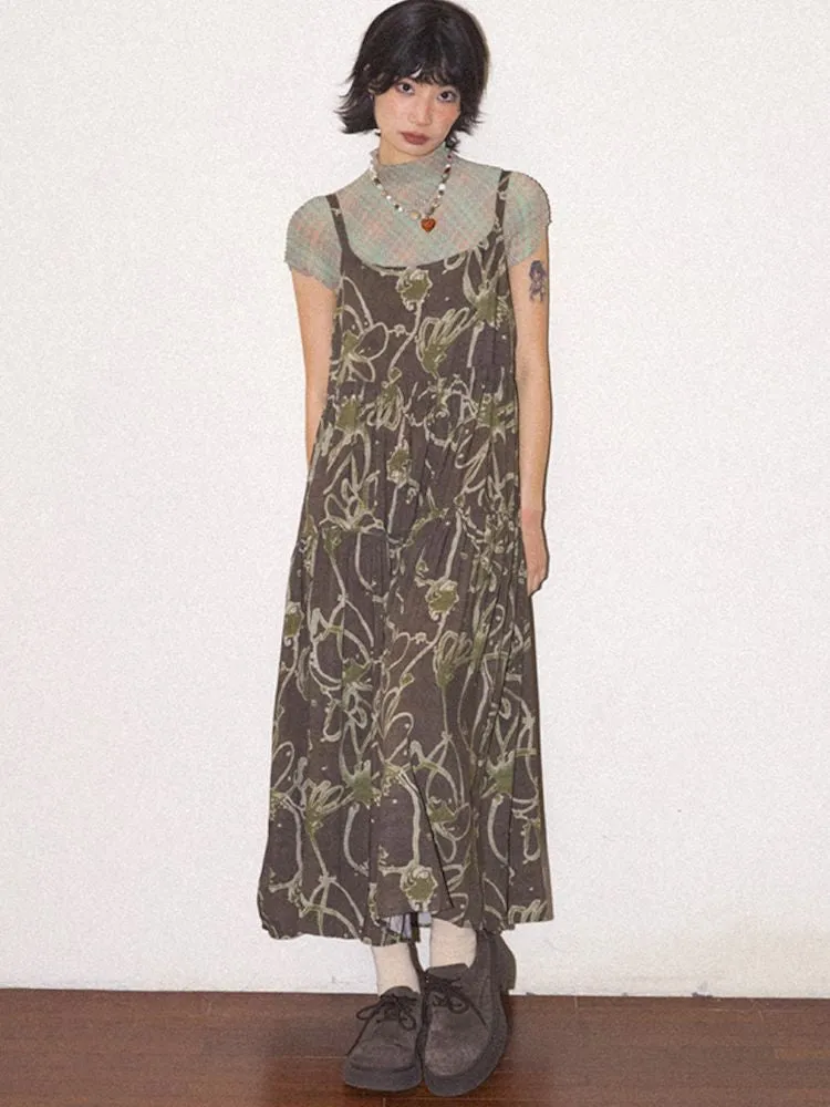 Ink print halter A-line dress loose skirt【s0000008825】