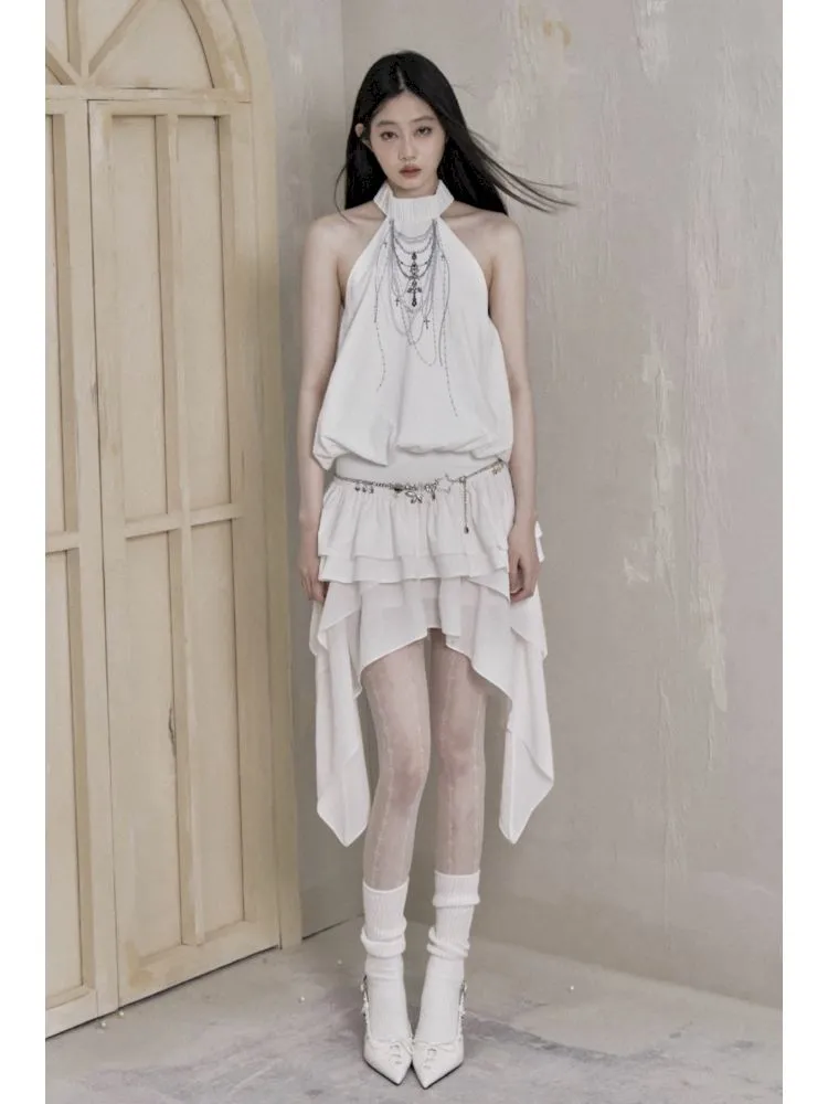 Irregular mesh splicing a-line high waist bustier skirt 【s0000007783】