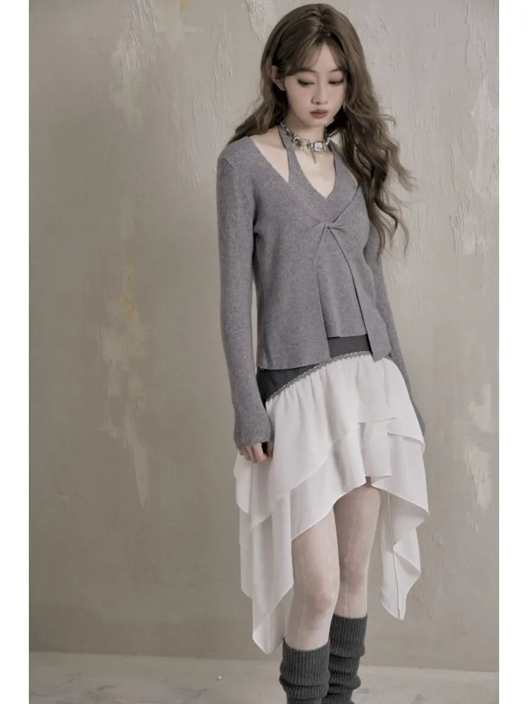 Irregular mesh splicing a-line high waist bustier skirt 【s0000007783】