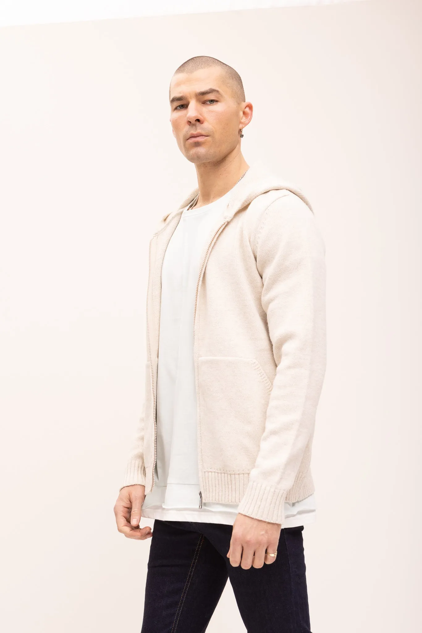 Knitted Zipper Hoodie - Stone