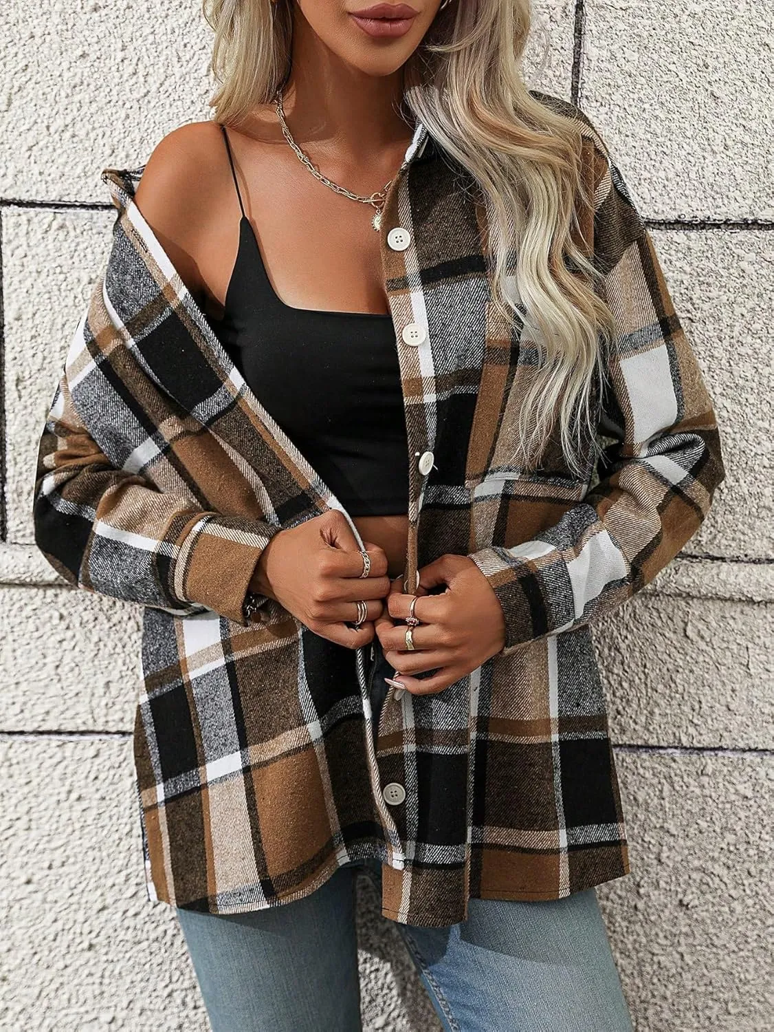MakeMeChic Women's Plaid Shirts Oversized Flannels Shacket Jacket