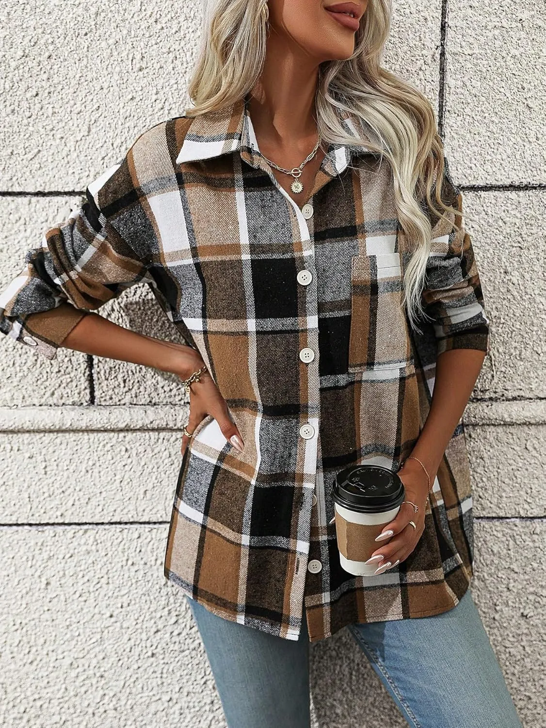 MakeMeChic Women's Plaid Shirts Oversized Flannels Shacket Jacket