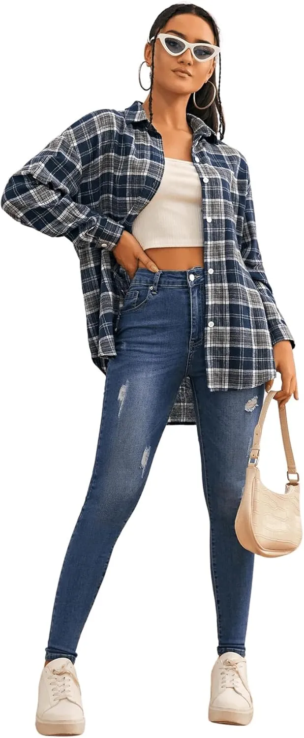 MakeMeChic Women's Plaid Shirts Oversized Flannels Shacket Jacket