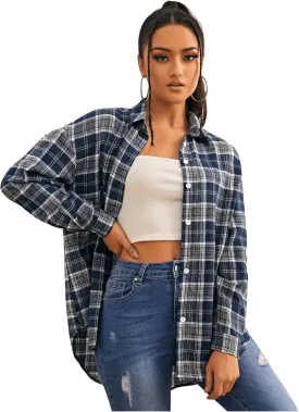 MakeMeChic Women's Plaid Shirts Oversized Flannels Shacket Jacket