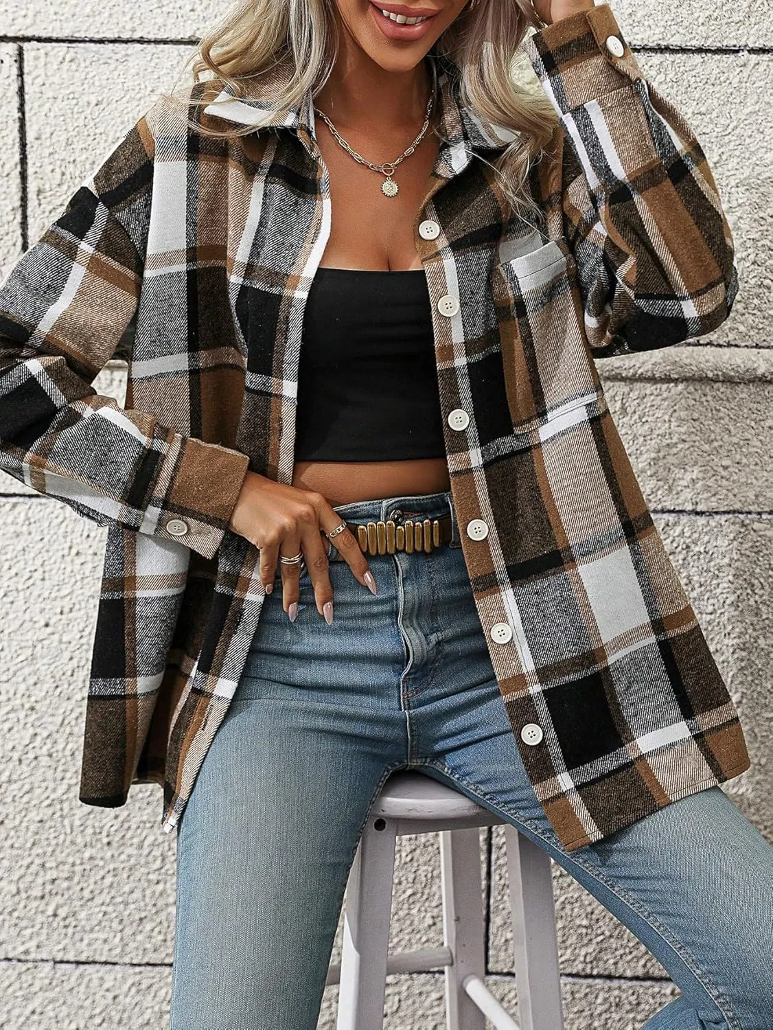 MakeMeChic Women's Plaid Shirts Oversized Flannels Shacket Jacket