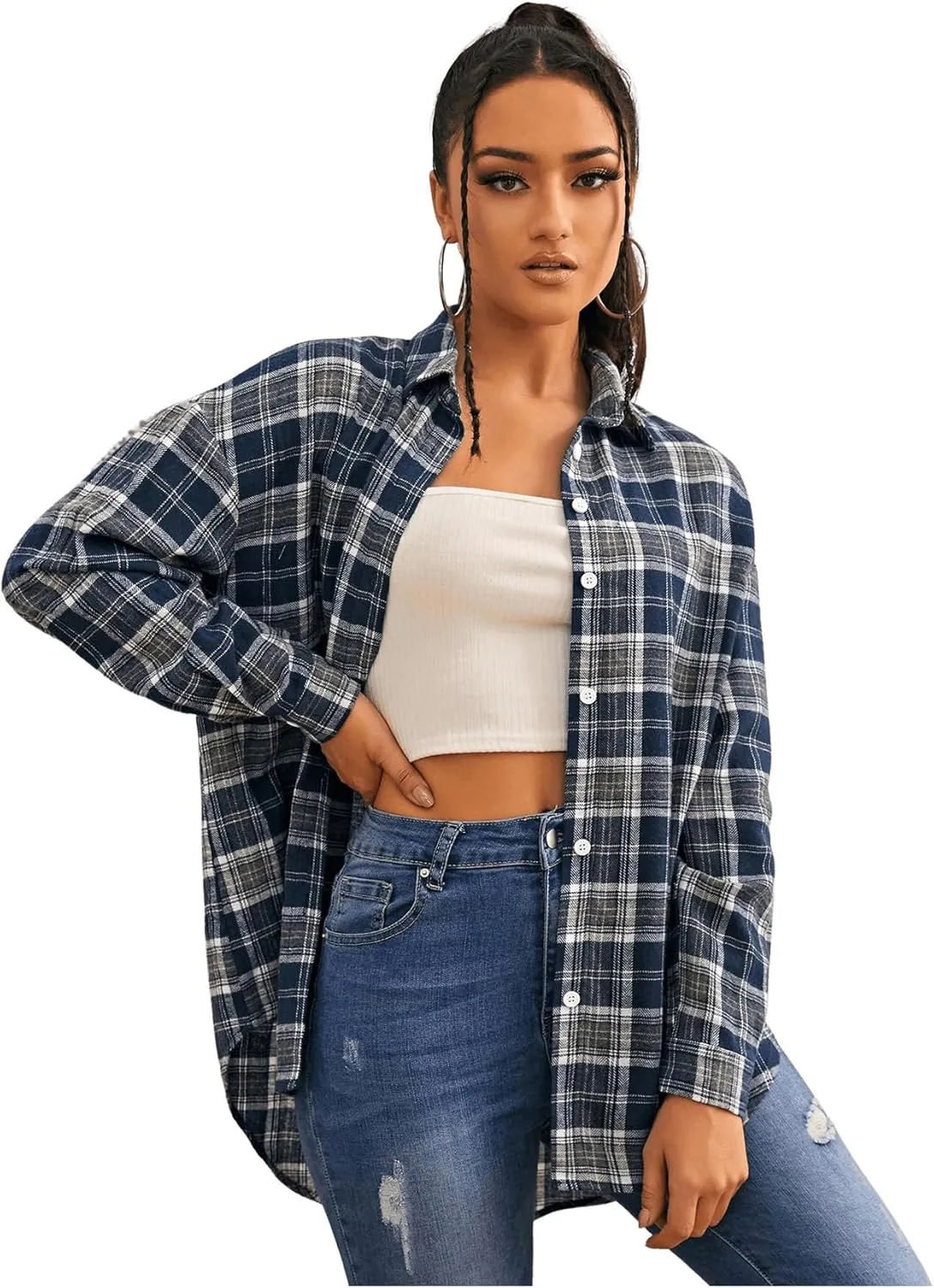 MakeMeChic Women's Plaid Shirts Oversized Flannels Shacket Jacket
