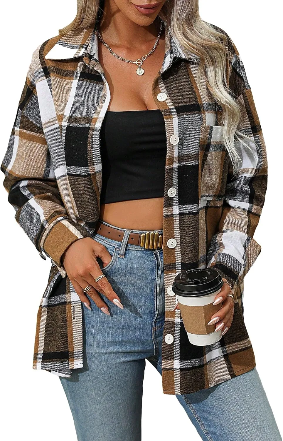 MakeMeChic Women's Plaid Shirts Oversized Flannels Shacket Jacket