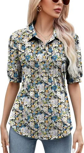Micoson Womens Blouses Dressy Casual Short Sleeve Button Down Collared Polo Shirt Loose Tunic 2023 Summer Tops