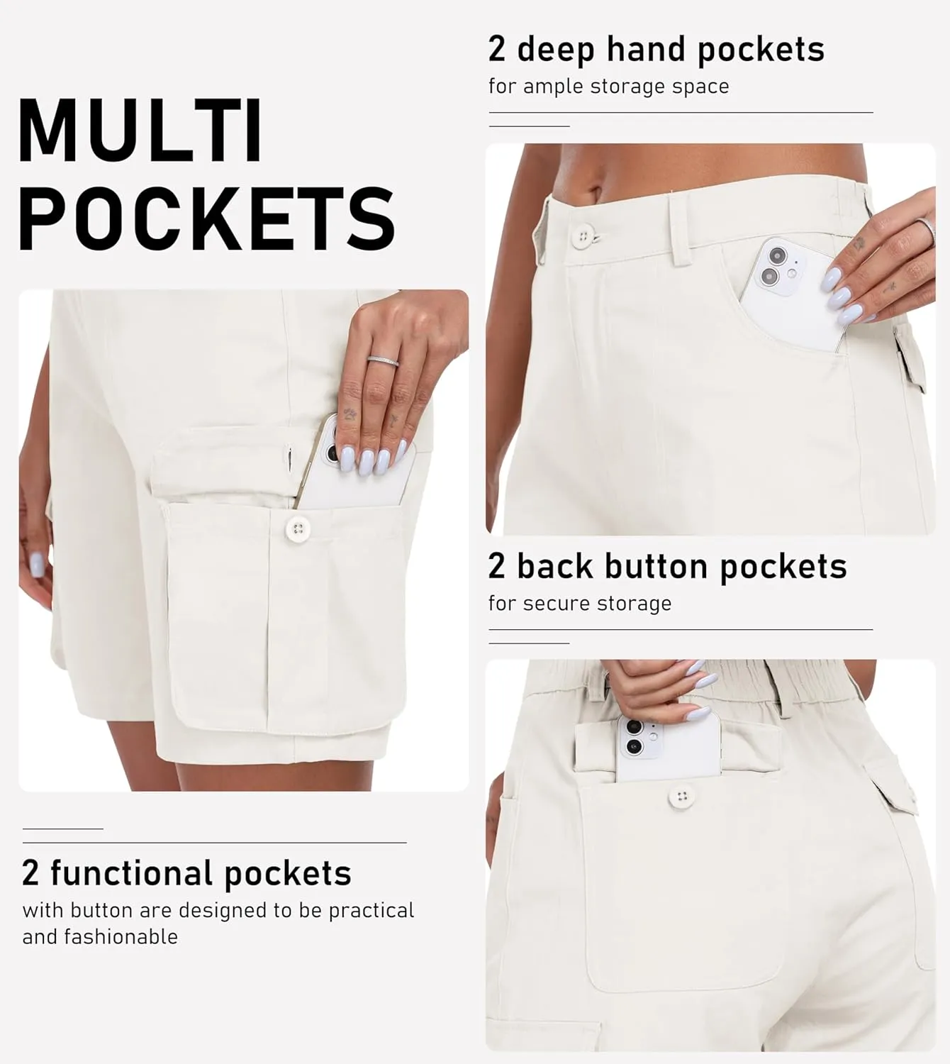 MoFiz Women's Cargo Shorts Bermuda Shorts Button Pockets Elastic Waist Knee Length Long Hiking Casual Shorts for Summer