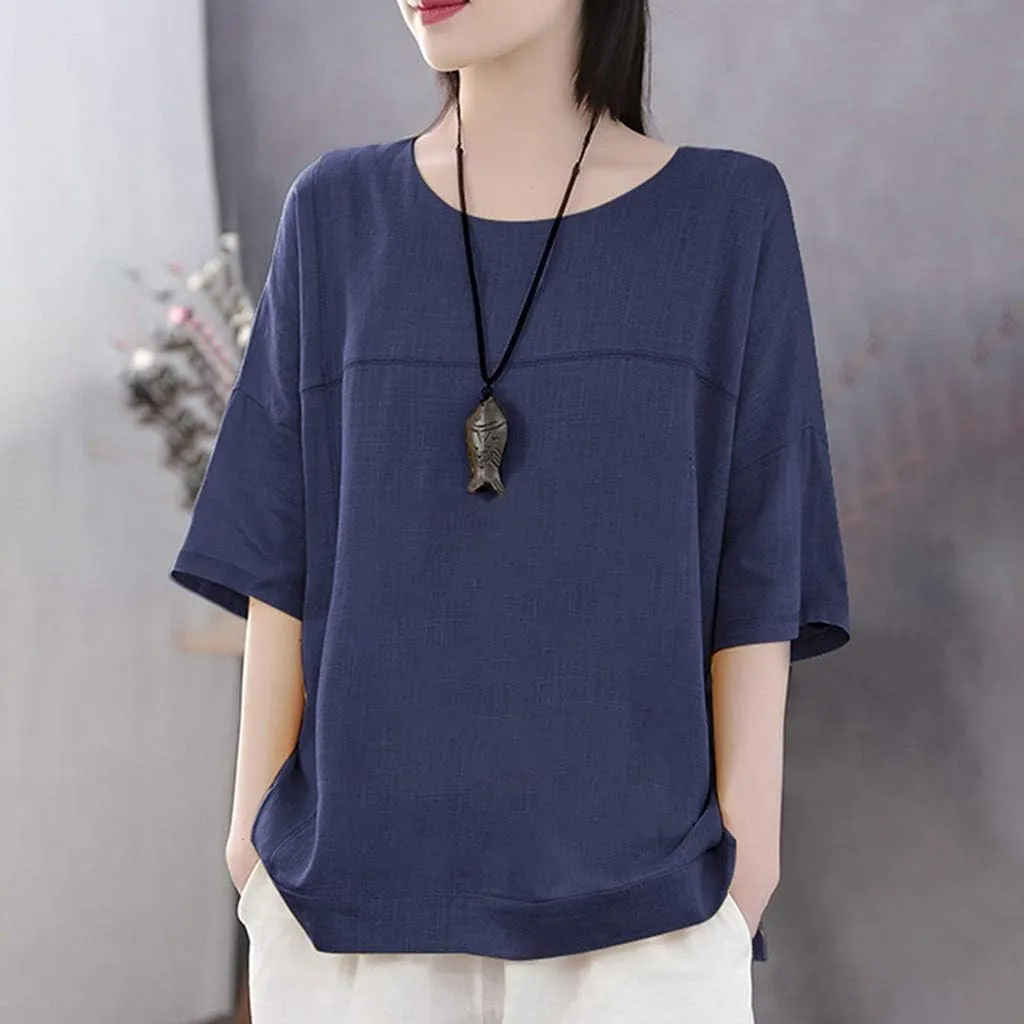 Neck Casual Loose Summer Shirt Sleeve Round Solid Women Blouse Top Short Women's Blouse Medium Pack