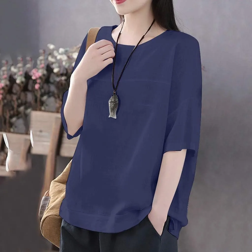 Neck Casual Loose Summer Shirt Sleeve Round Solid Women Blouse Top Short Women's Blouse Medium Pack
